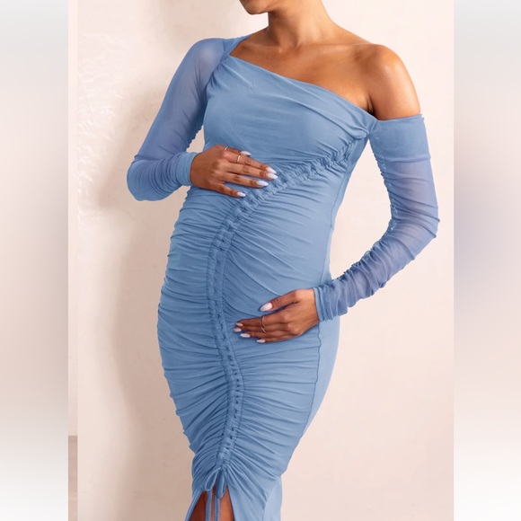 Powder blue maternity asymmetrical ruched dress - Picture 4 of 4